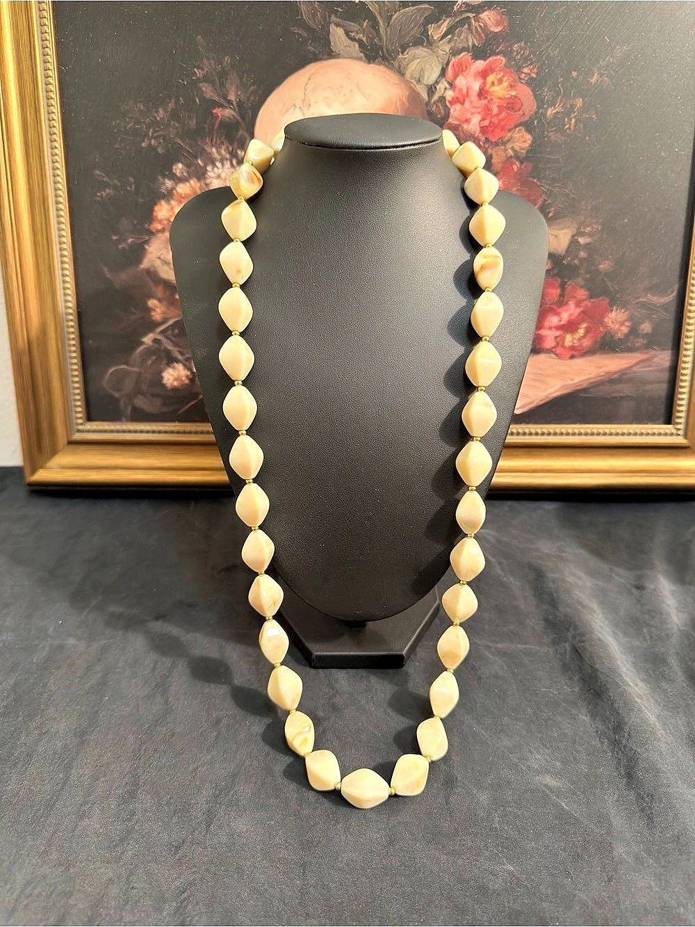 Vintage Lucite Ivory Toned Beaded Statement Necklace